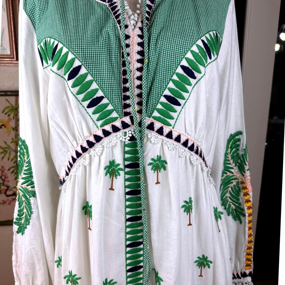 Farm Rio Palm Tree NWT Embroidered Maxi Dress L White Green Gingham Boho Linen - Picture 6 of 16